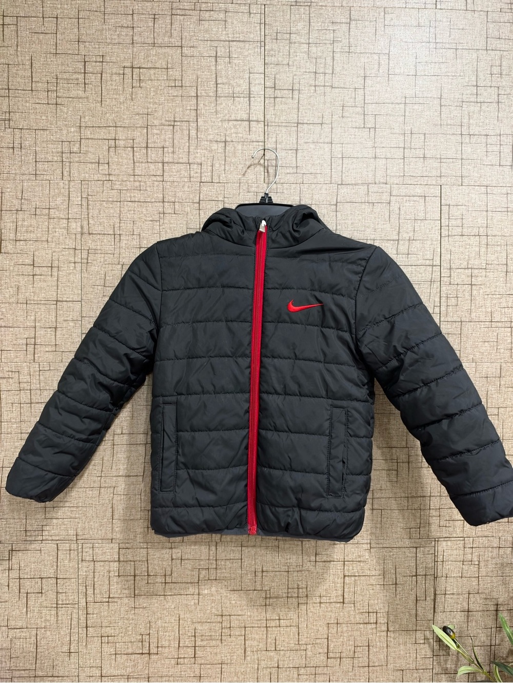 Nike Kids Black Quilted Puffer Jacket with Red Trim